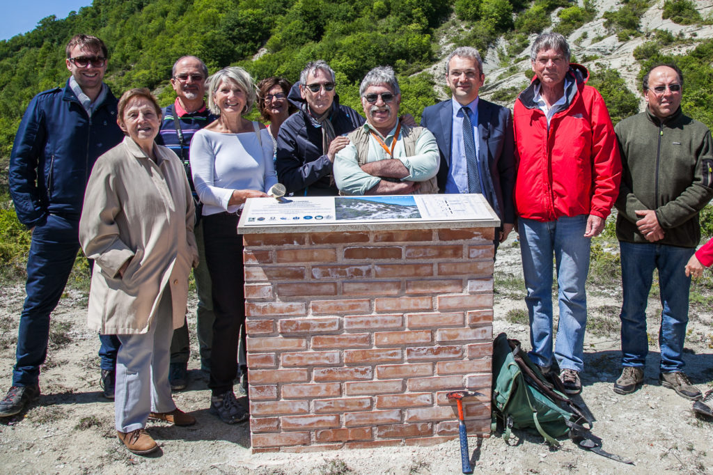 Inauguration of the commemorative plaque on Monte Cagnero and the Chattian GSSP. From left to right: Fabrizio Frontalini, Isabella Premoli Silva, Leonardo Sagnotti, Simonetta Monechi, Patrizia Maiorano, Rodolfo Coccioni, Sandro Montanari, Marco Ciccolini, Stan Finney