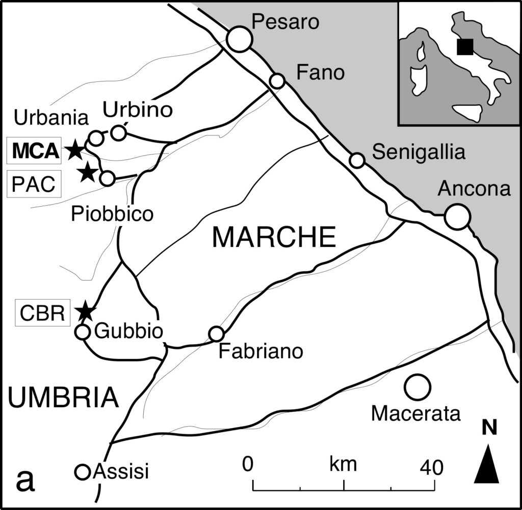 Simplified roadmap of the Umbria–Marche region with the location of the Oligocene sections of Contessa Barbetti Road (CBR), Pieve d’Accinelli (PAC), and Monte Cagnero (MCA);