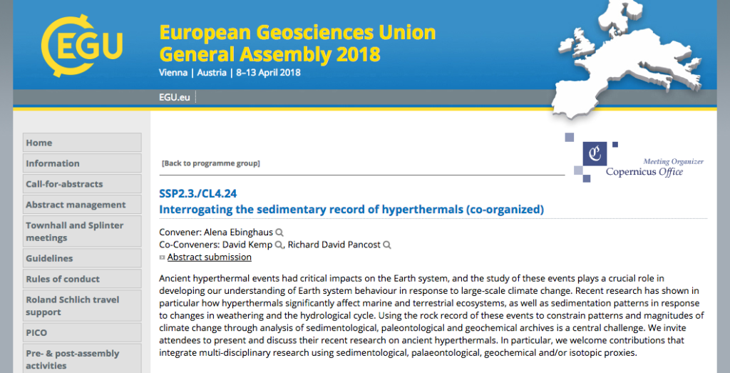 EGU 2018, Vienna 8-13 April 2018: Session SSP2.3./CL4.24 on the sedimentary record of hyperthrmals